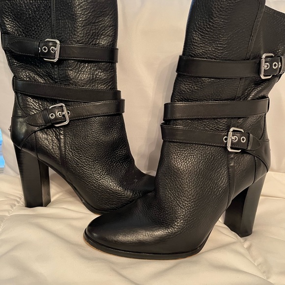 COACH ALEXANDRA BLACK LEATHER MID-CALF BOOT-BUCKLE 9 - Picture 1 of 12